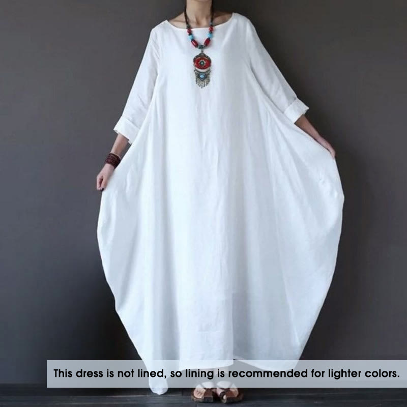 Buddha Stones Einfarbiges Maxikleid aus Baumwolle mit Dreiviertelärmeln für Damen - image 2