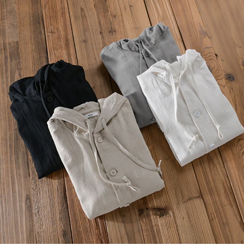Buddha Stones Gerippter Saum Design Hoodie Langarm Herren Baumwolle Leinen Jacke Hemd Mit Taschen - image 20