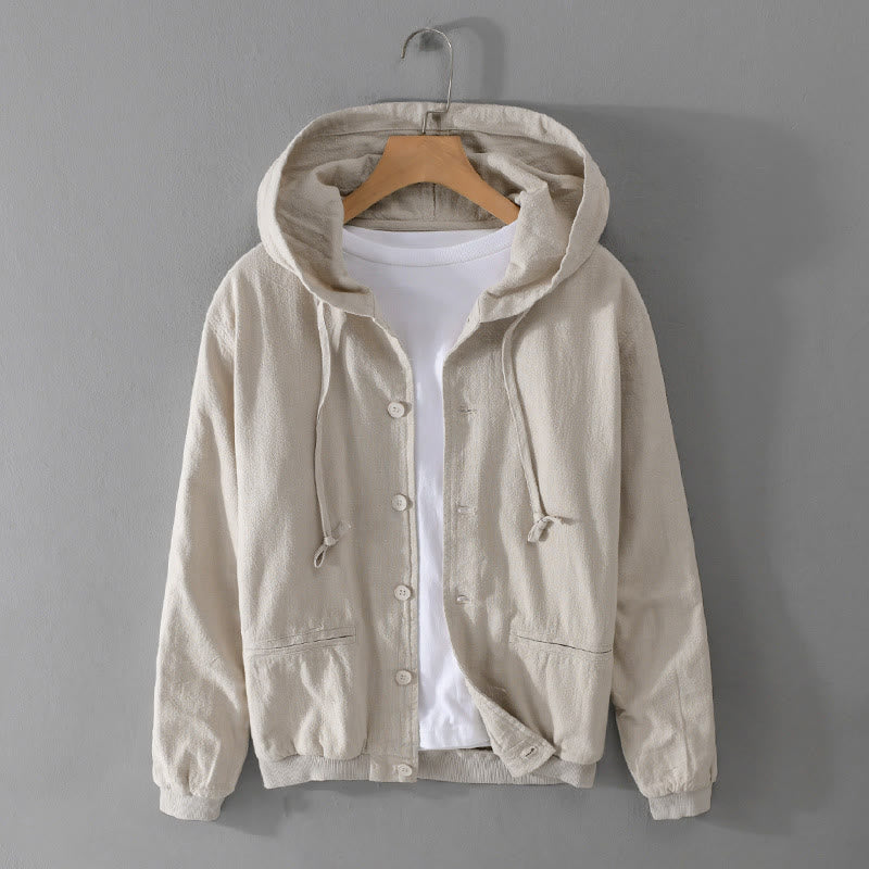 Buddha Stones Gerippter Saum Design Hoodie Langarm Herren Baumwolle Leinen Jacke Hemd Mit Taschen - Beige - US/ UK/AU42，EU52 (3XL) - image 5