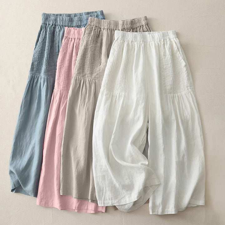 Buddha Stones Lässige, schlichte Tucker-Falten, elastische Damen-Polyesterhose mit weitem Bein und Taschen - image 21