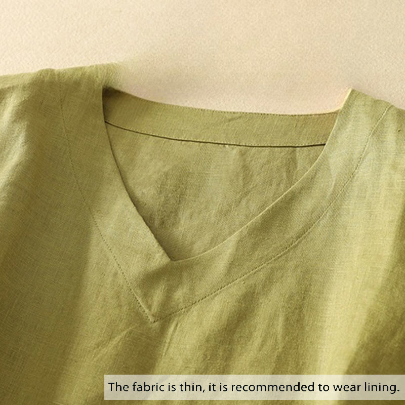 Buddha Stones Sommer Lässiges, schlichtes Damen-T-Shirt aus Baumwolle mit V-Ausschnitt und halblangen Ärmeln - image 1