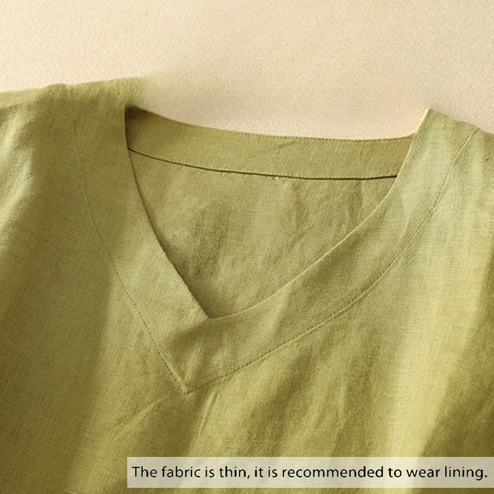 Buddha Stones Sommer Lässiges, schlichtes Damen-T-Shirt aus Baumwolle mit V-Ausschnitt und halblangen Ärmeln - image 1