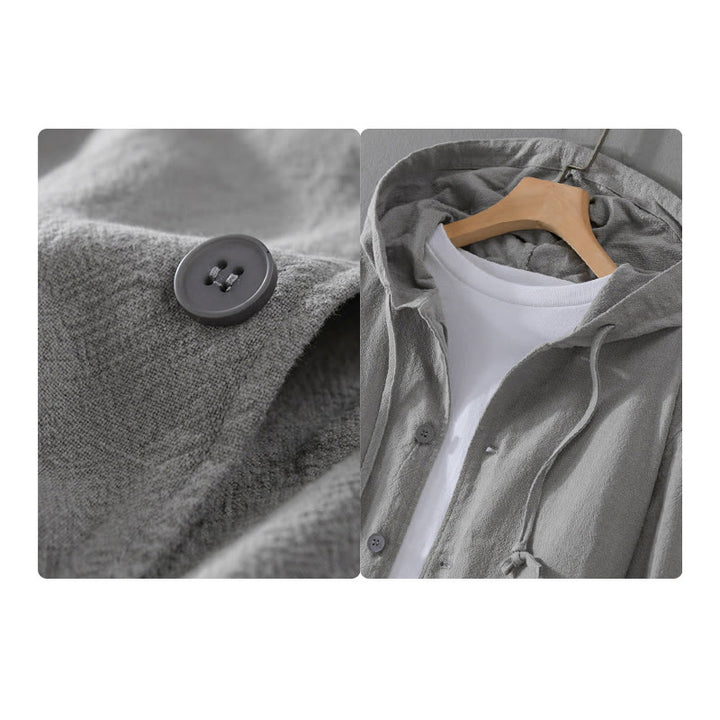 Buddha Stones Gerippter Saum Design Hoodie Langarm Herren Baumwolle Leinen Jacke Hemd Mit Taschen - image 2