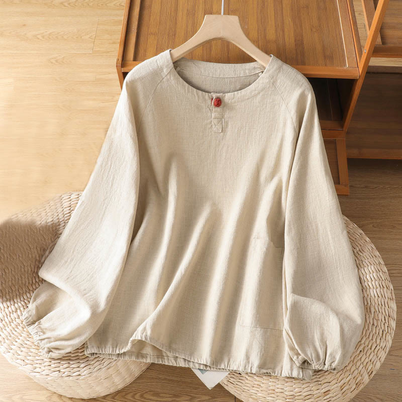 Buddha Stones Lässiges, schlichtes Langarm-Damenhemd aus Baumwolle und Polyester - Beige - US14， UK/AU18，EU46 (2XL) - image 0