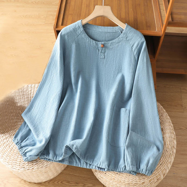 Buddha Stones Lässiges, schlichtes Langarm-Damenhemd aus Baumwolle und Polyester - HellHimmelBlau - US14， UK/AU18，EU46 (2XL) - image 8