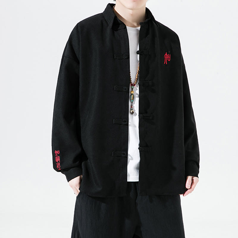 Buddha Stones Stickerei, chinesisches Frosch-Knopf-Design, Tang-Anzug, Herren-Baumwoll-Langarmjacke - Schwarz - US/ UK/AU46，EU56 (5XL) - image 0
