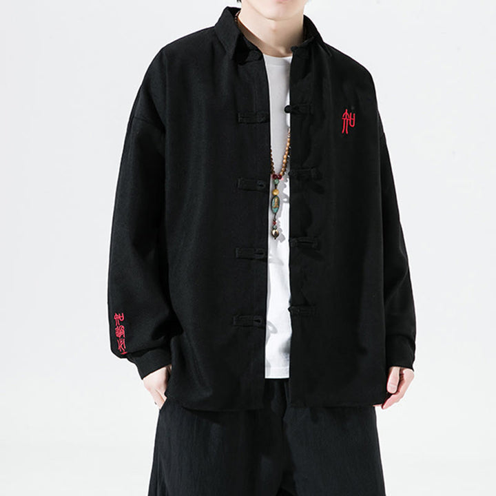 Buddha Stones Stickerei, chinesisches Frosch-Knopf-Design, Tang-Anzug, Herren-Baumwoll-Langarmjacke - Schwarz - US/ UK/AU46，EU56 (5XL) - image 0
