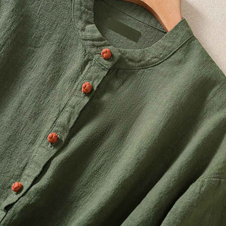 Buddha Stones Lässiges Damen-Langarmshirt mit Knöpfen und Rundhalsausschnitt aus Baumwolle mit Taschen - image 4