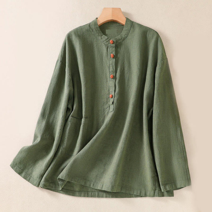 Buddha Stones Lässiges Damen-Langarmshirt mit Knöpfen und Rundhalsausschnitt aus Baumwolle mit Taschen - DunkelMeergrün - US14， UK/AU18，EU46 (2XL) - image 0