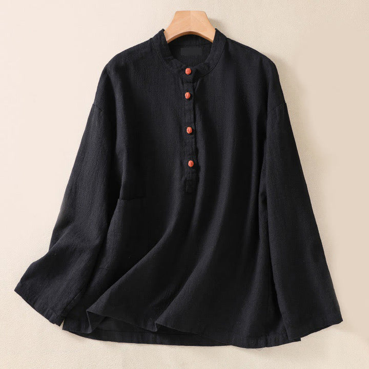 Buddha Stones Lässiges Damen-Langarmshirt mit Knöpfen und Rundhalsausschnitt aus Baumwolle mit Taschen - Schwarz - US14， UK/AU18，EU46 (2XL) - image 9