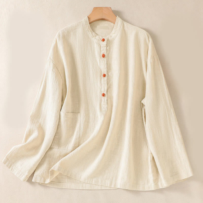 Buddha Stones Lässiges Damen-Langarmshirt mit Knöpfen und Rundhalsausschnitt aus Baumwolle mit Taschen - Maisseide - US14， UK/AU18，EU46 (2XL) - image 16