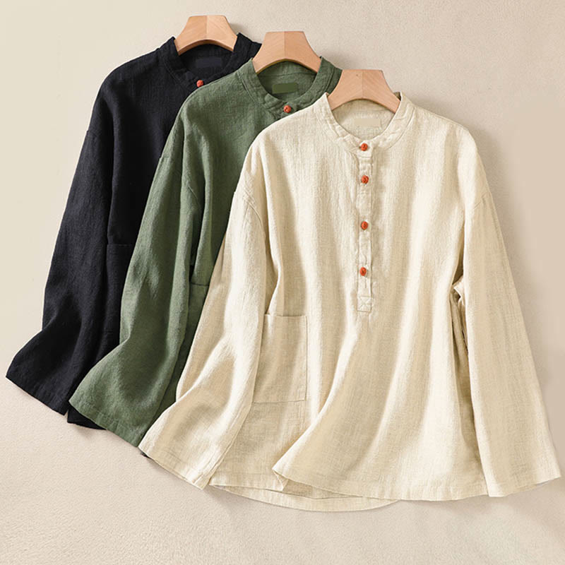 Buddha Stones Lässiges Damen-Langarmshirt mit Knöpfen und Rundhalsausschnitt aus Baumwolle mit Taschen - image 26