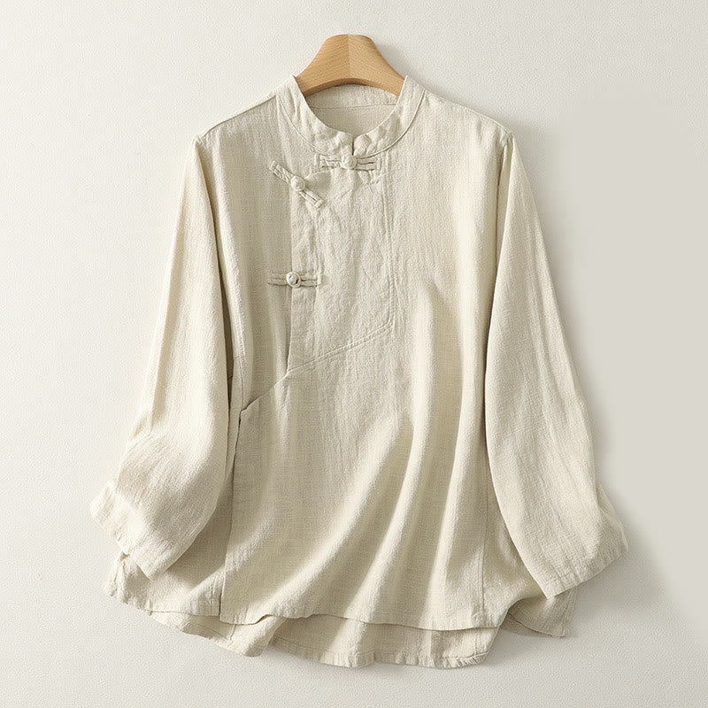 Buddha Stones Lässiges, schlichtes Langarmhemd aus Baumwolle mit Froschknöpfen für Damen - Beige - US8-10， UK/AU12-14，EU40-42 (2XL) - image 6