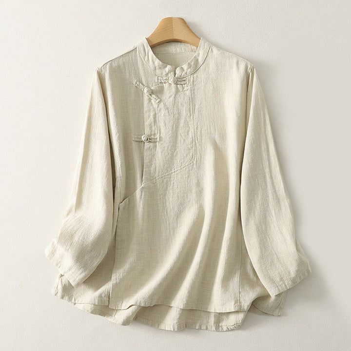 Buddha Stones Lässiges, schlichtes Langarmhemd aus Baumwolle mit Froschknöpfen für Damen - Beige - US8-10， UK/AU12-14，EU40-42 (2XL) - image 6