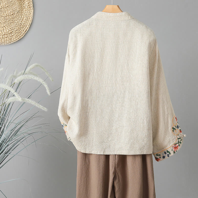 Buddha Stones Stickerei Blume Langarm Froschknöpfe Baumwolle Damen Shirt - image 1