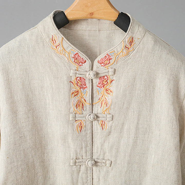 Buddha Stones Stickerei Blume Langarm Froschknöpfe Baumwolle Damen Shirt - image 8