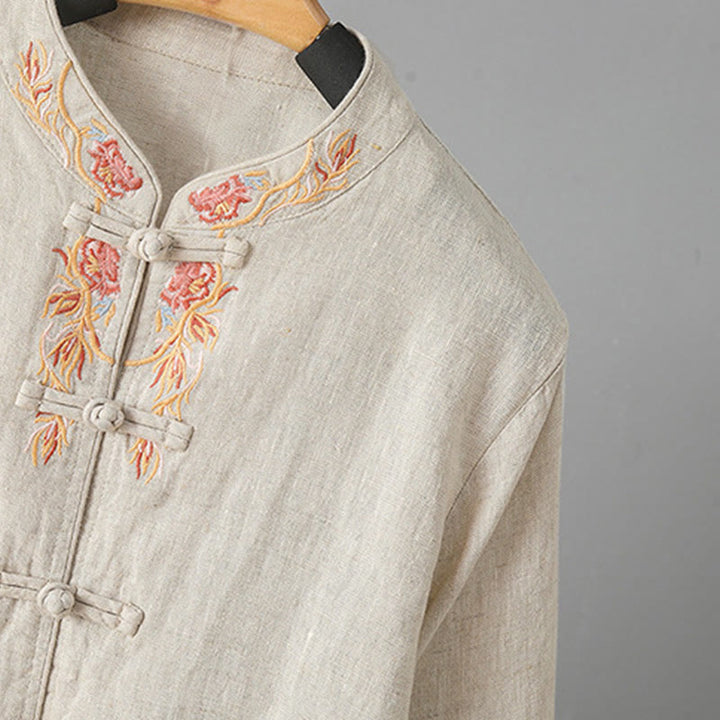 Buddha Stones Stickerei Blume Langarm Froschknöpfe Baumwolle Damen Shirt - image 4