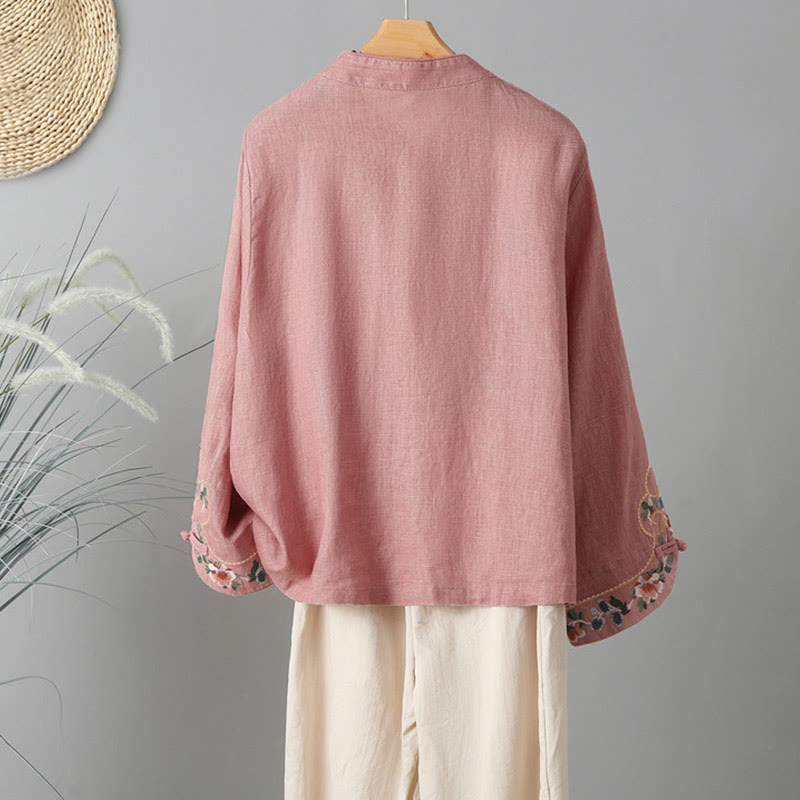Buddha Stones Stickerei Blume Langarm Froschknöpfe Baumwolle Damen Shirt - image 10