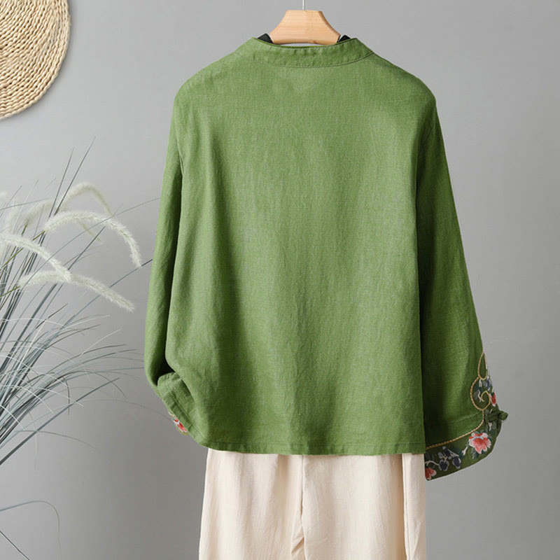 Buddha Stones Stickerei Blume Langarm Froschknöpfe Baumwolle Damen Shirt - image 13