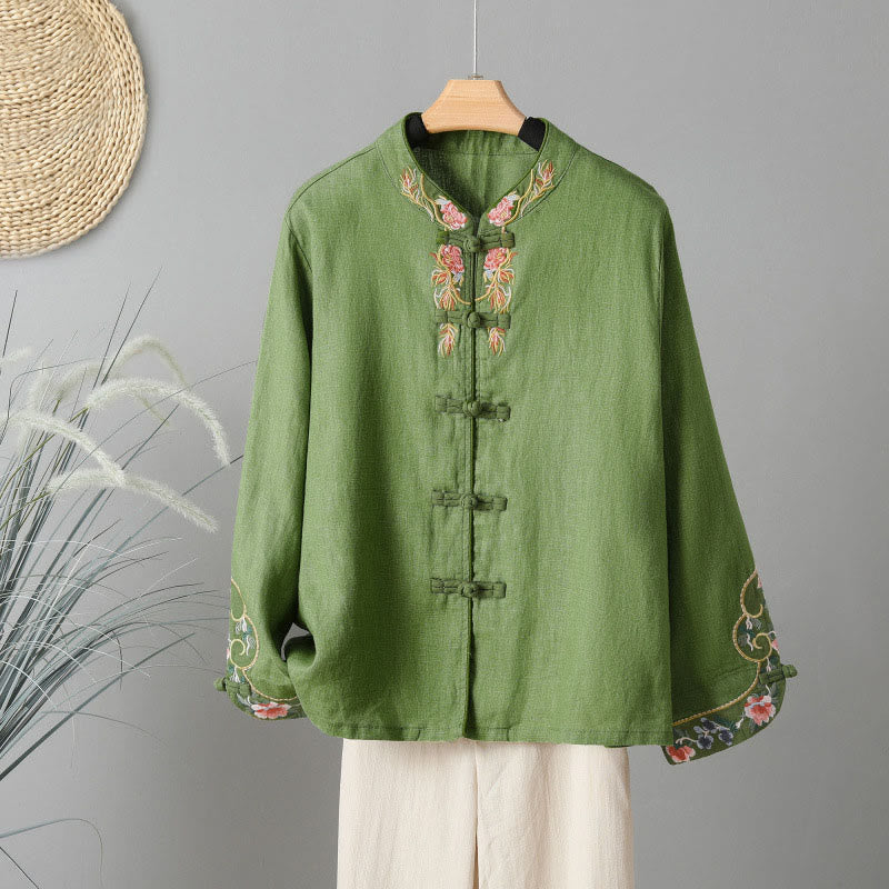 Buddha Stones Stickerei Blume Langarm Froschknöpfe Baumwolle Damen Shirt - Olivgrün - US12， UK/AU16，EU44 (2XL) - image 12