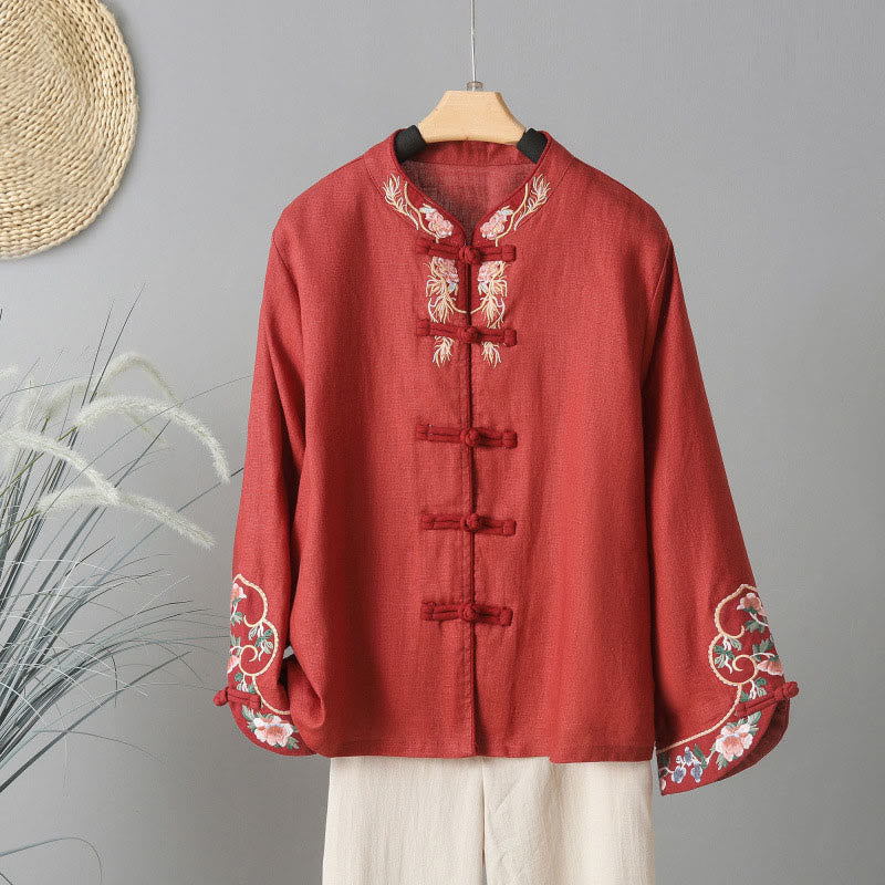 Buddha Stones Stickerei Blume Langarm Froschknöpfe Baumwolle Damen Shirt - Schamottestein - US12， UK/AU16，EU44 (2XL) - image 15