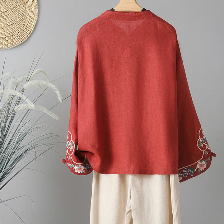 Buddha Stones Stickerei Blume Langarm Froschknöpfe Baumwolle Damen Shirt - image 16