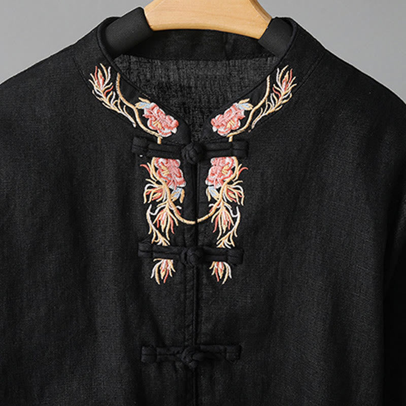 Buddha Stones Stickerei Blume Langarm Froschknöpfe Baumwolle Damen Shirt - image 24
