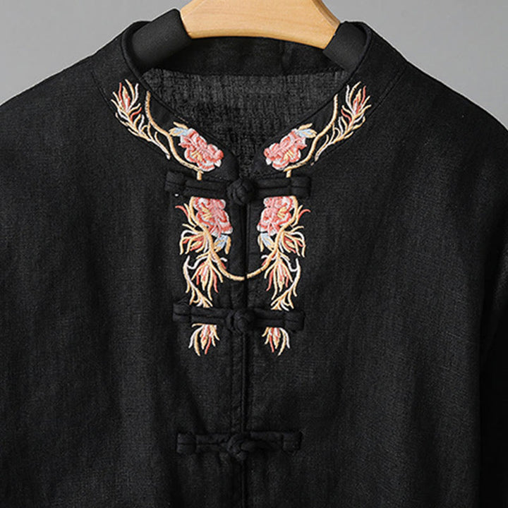 Buddha Stones Stickerei Blume Langarm Froschknöpfe Baumwolle Damen Shirt - image 24