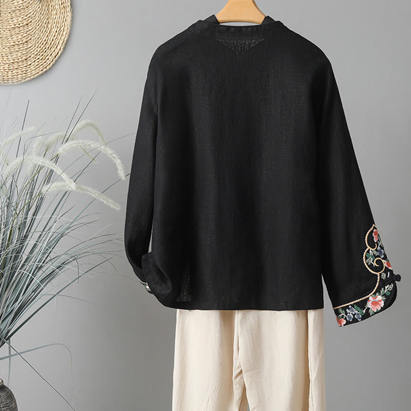 Buddha Stones Stickerei Blume Langarm Froschknöpfe Baumwolle Damen Shirt - image 19