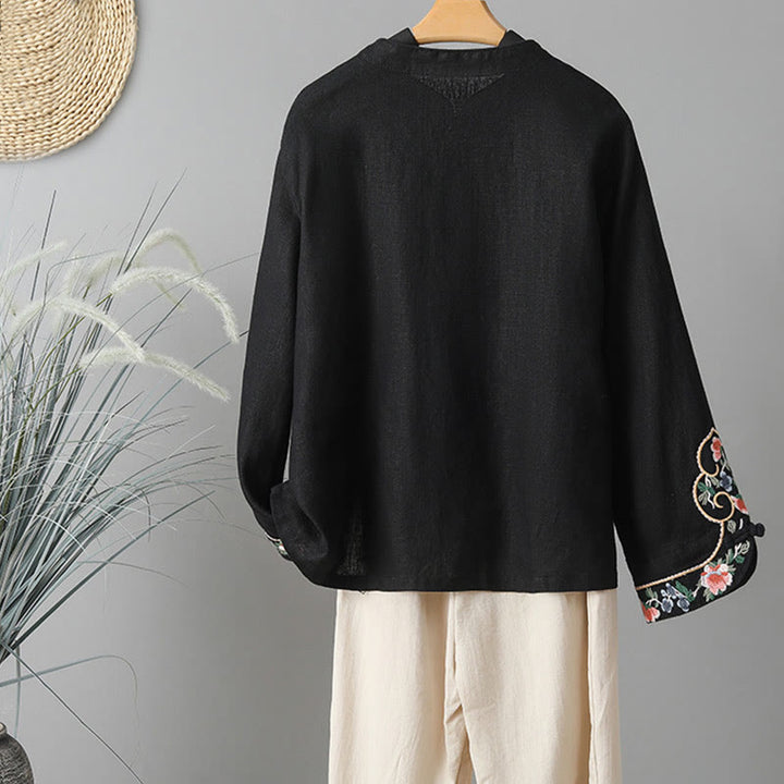 Buddha Stones Stickerei Blume Langarm Froschknöpfe Baumwolle Damen Shirt - image 19