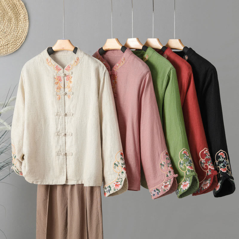 Buddha Stones Stickerei Blume Langarm Froschknöpfe Baumwolle Damen Shirt - image 25