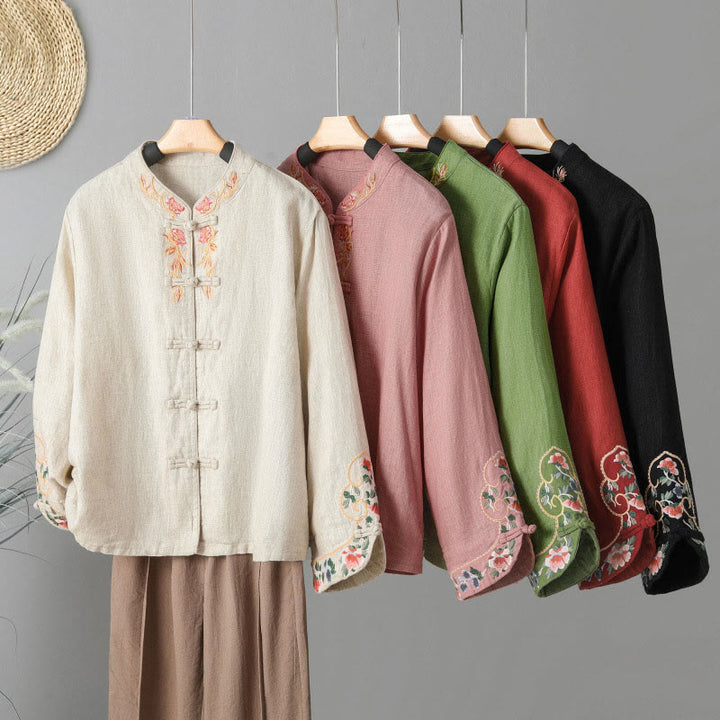 Buddha Stones Stickerei Blume Langarm Froschknöpfe Baumwolle Damen Shirt - image 25
