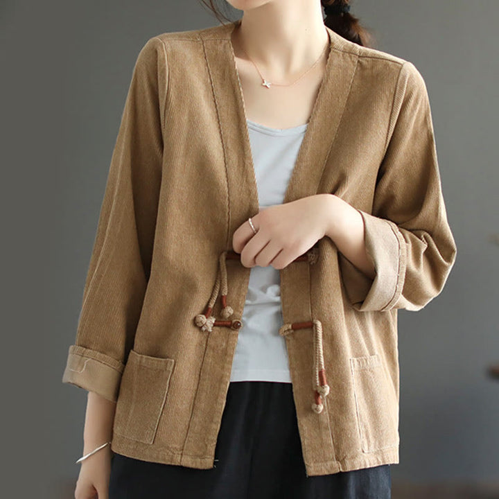Buddha Stones Damen-Cordjacke aus Baumwolle mit langen Ärmeln und Taschen - image 1