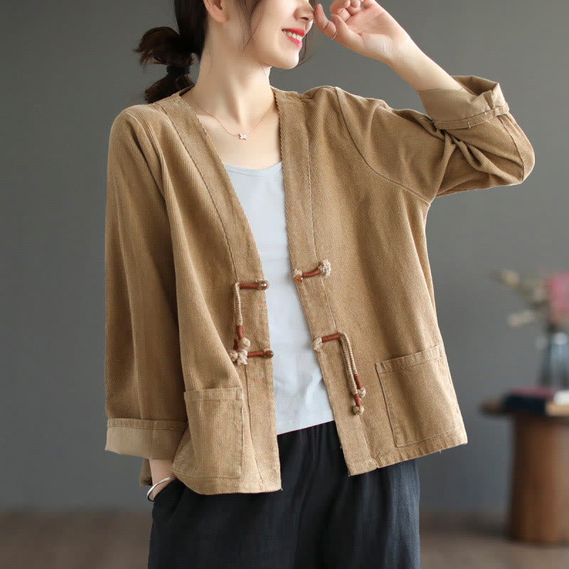 Buddha Stones Damen-Cordjacke aus Baumwolle mit langen Ärmeln und Taschen - image 2