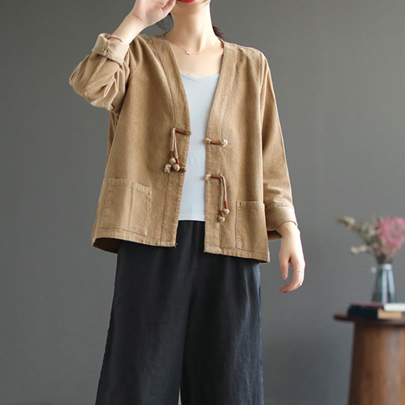 Buddha Stones Damen-Cordjacke aus Baumwolle mit langen Ärmeln und Taschen - image 3