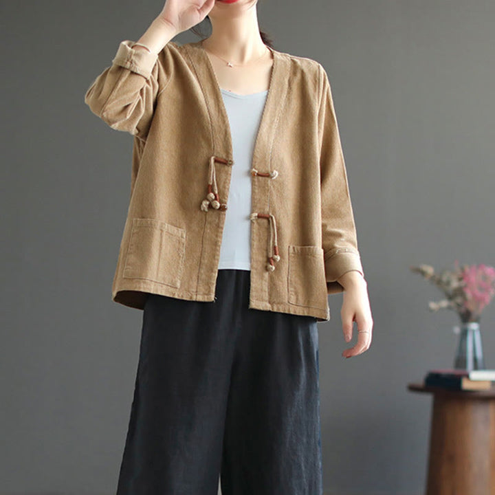 Buddha Stones Damen-Cordjacke aus Baumwolle mit langen Ärmeln und Taschen - image 3