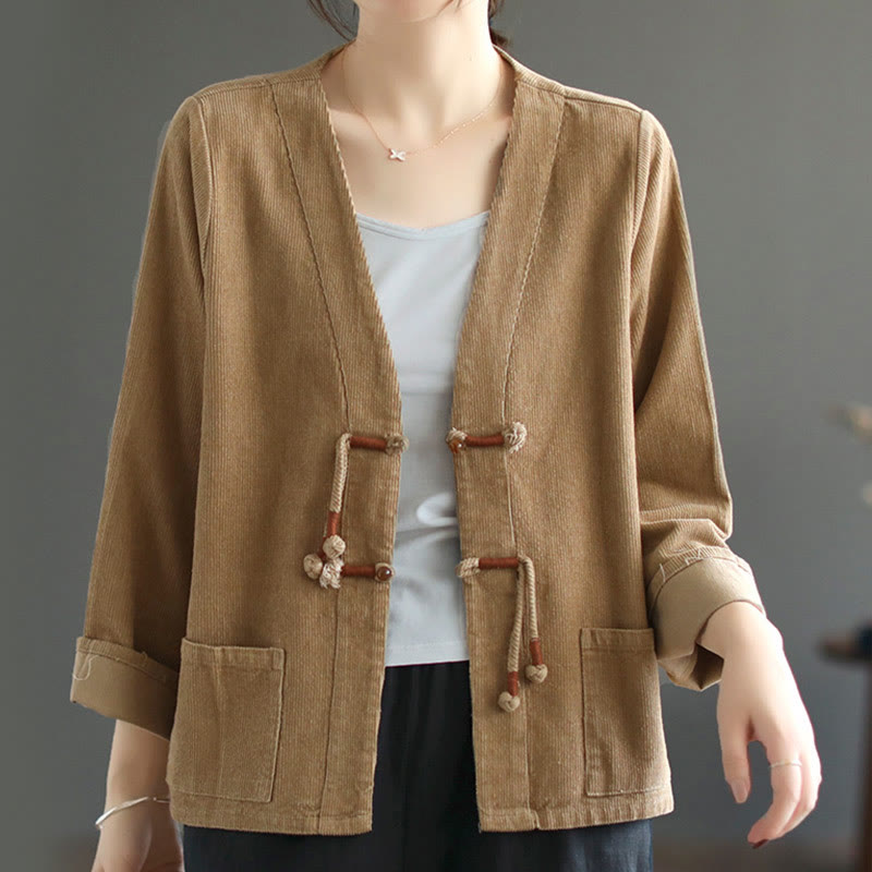 Buddha Stones Damen-Cordjacke aus Baumwolle mit langen Ärmeln und Taschen - BurlyWood - US12， UK/AU16，EU44 (2XL) - image 0