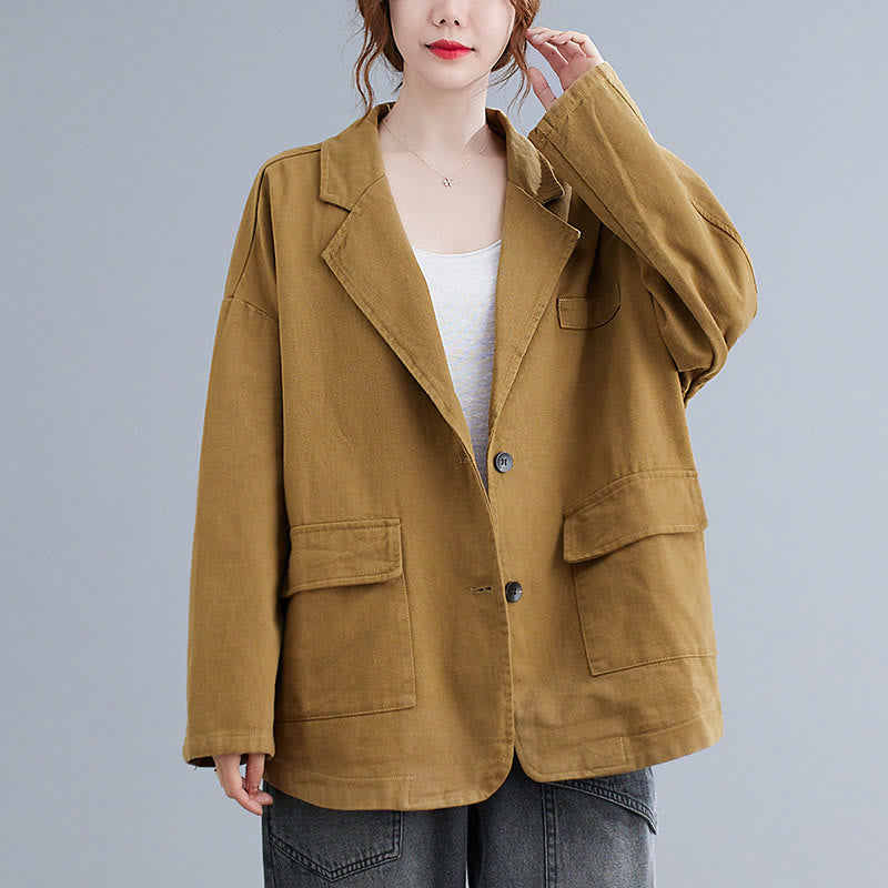Buddha Stones Damen-Blazerjacke aus Baumwolle mit langen Ärmeln und Taschen, einfarbig - Goldrute - US14， UK/AU18，EU46 (2XL) - image 0