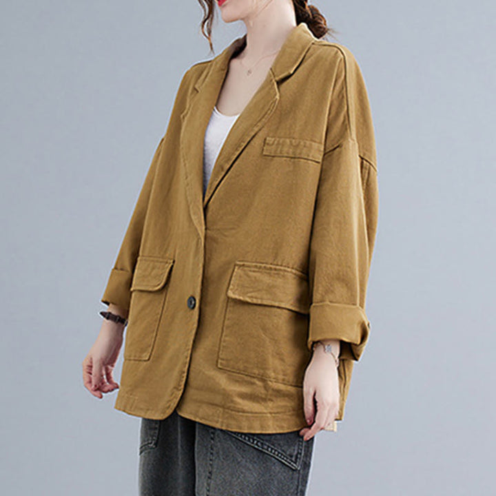 Buddha Stones Damen-Blazerjacke aus Baumwolle mit langen Ärmeln und Taschen, einfarbig - image 1