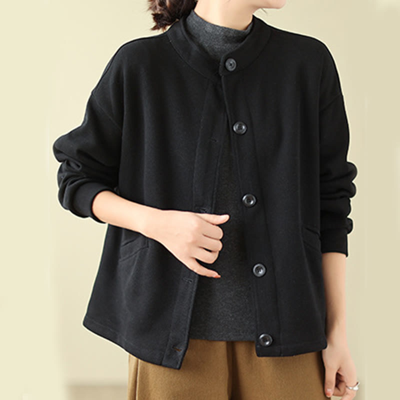 Buddha Stones Einfarbige Damen-Langarmjacke aus Baumwolle mit Taschen - image 2