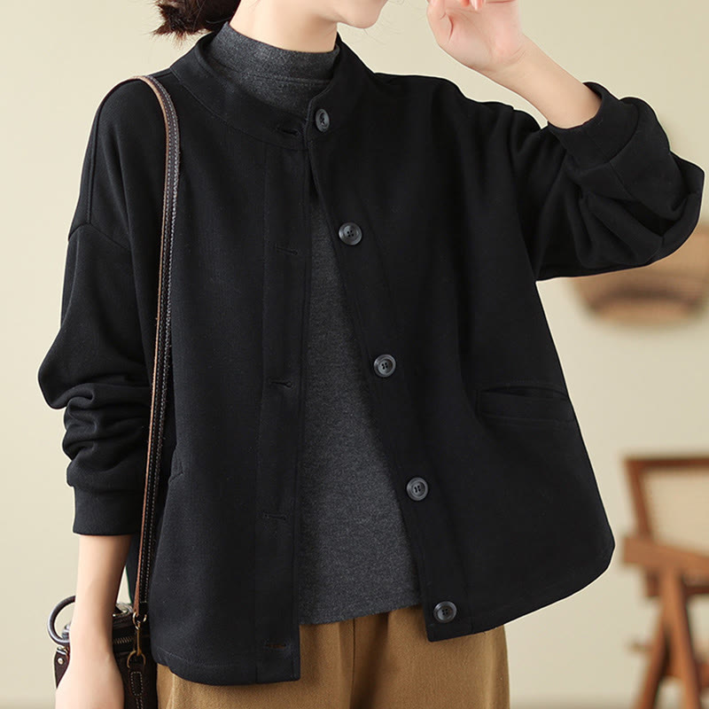 Buddha Stones Einfarbige Damen-Langarmjacke aus Baumwolle mit Taschen - Schwarz - US14， UK/AU18，EU46 (2XL) - image 0