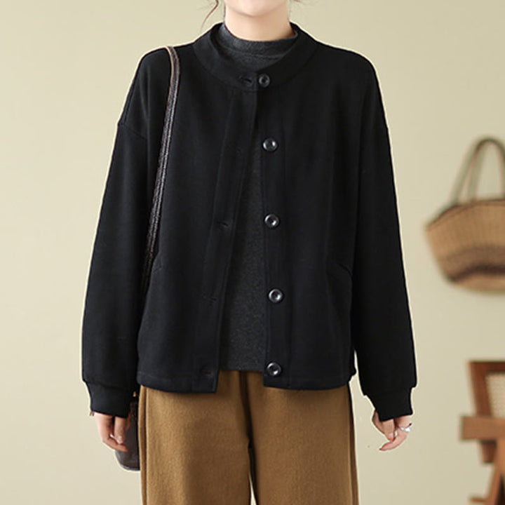 Buddha Stones Einfarbige Damen-Langarmjacke aus Baumwolle mit Taschen - image 1