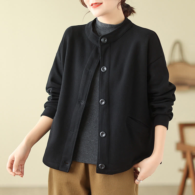 Buddha Stones Einfarbige Damen-Langarmjacke aus Baumwolle mit Taschen - image 4