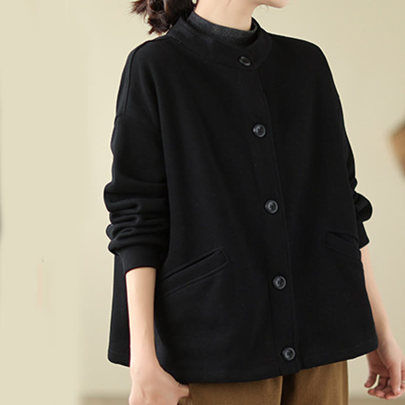 Buddha Stones Einfarbige Damen-Langarmjacke aus Baumwolle mit Taschen - image 3