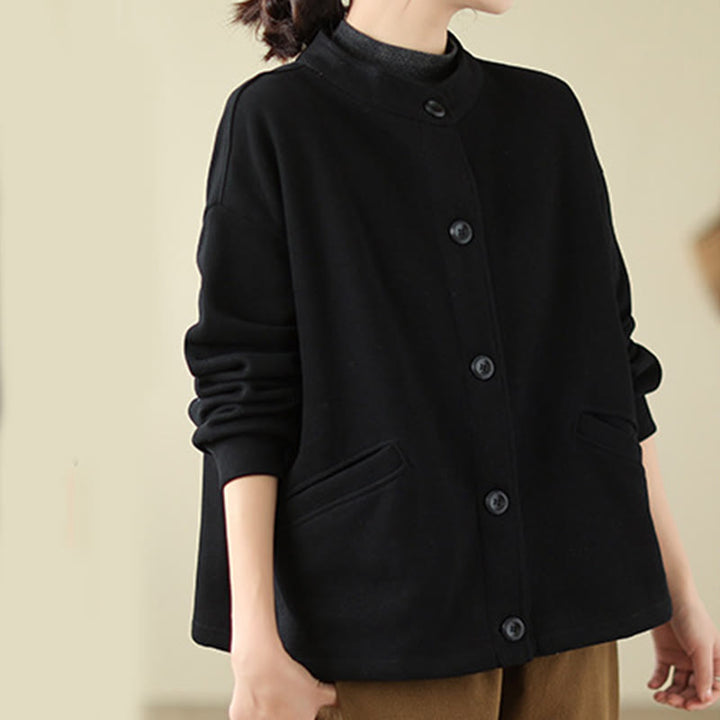 Buddha Stones Einfarbige Damen-Langarmjacke aus Baumwolle mit Taschen - image 3