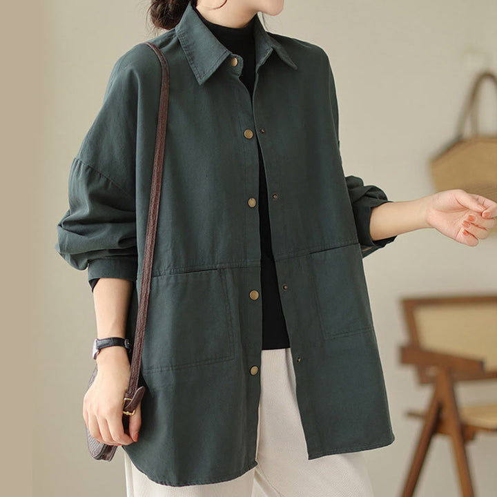 Buddha Stones Lässige, einfarbige Damen-Langarmjacke mit Taschen - image 5