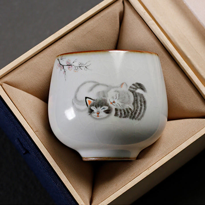 Buddha Stones Niedliche Katzenzweige-Teetasse, Kung-Fu-Teetasse mit Geschenkbox - Zwei Katzen 5,8 cm × 6 cm × 120 ml - image 7