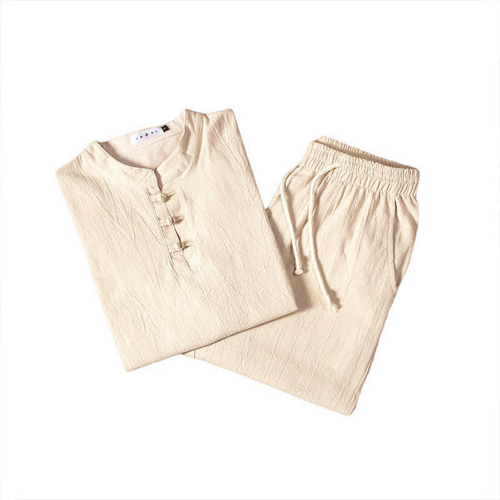 Buddha Stones Reine Farbe Baumwolle Leinen Langarm Top Hosen Kleidung Herren Set - image 7