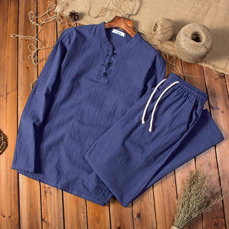 Buddha Stones Reine Farbe Baumwolle Leinen Langarm Top Hosen Kleidung Herren Set - Mitternachtsblau - US/ UK/AU44，EU54 (5XL) - image 12