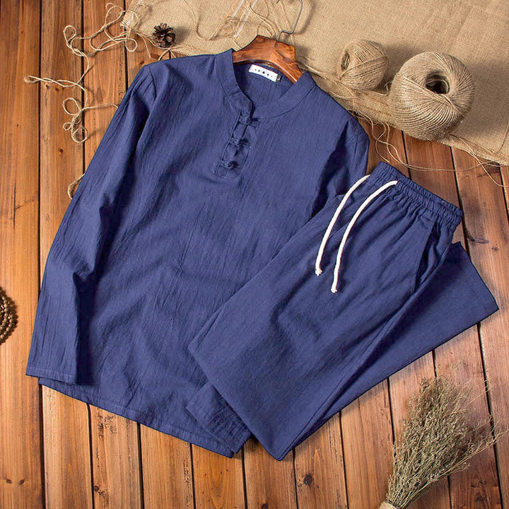 Buddha Stones Reine Farbe Baumwolle Leinen Langarm Top Hosen Kleidung Herren Set - Mitternachtsblau - US/ UK/AU44，EU54 (5XL) - image 12